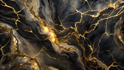 Black and gold marble texture with shiny veins, luxurious abstract background