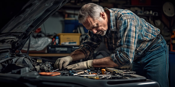 Older Caucasian man working on car engine, wearing blue jeans and a plaid shirt, tools spread out on the ground