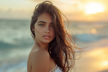Naklejka premium Cute attractive woman with curly hair on blurred ocean background