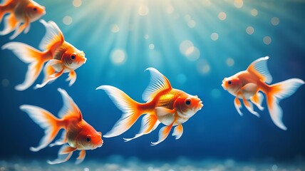 Naklejka premium Vibrant goldfish swimming gracefully in a blue, bokeh-filled background, highlighting the beauty and tranquility of aquatic life. The colorful scene captures the essence of underwater serenity. 
