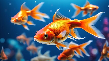Vibrant goldfish swimming gracefully in a blue, bokeh-filled background, highlighting the beauty and tranquility of aquatic life. The colorful scene captures the essence of underwater serenity. 