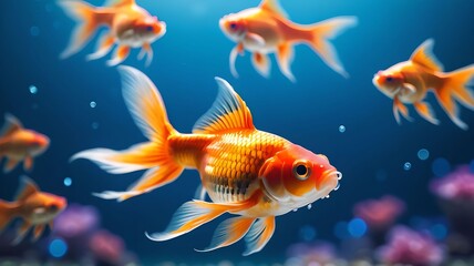 Vibrant goldfish swimming gracefully in a blue, bokeh-filled background, highlighting the beauty and tranquility of aquatic life. The colorful scene captures the essence of underwater serenity. 