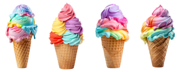 Collection set of rainbow ice cream cone isolated on transparent background