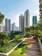 Fototapeta premium Urban Garden Retreat: Rooftop Oasis Amidst Cityscape