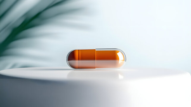 Single Zonisamide capsule on white surface, reflecting light.