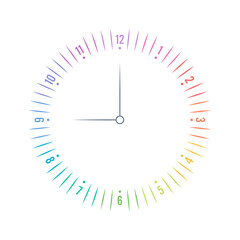 Multicolored analog clock interface. Colorful wall clock concept on white background