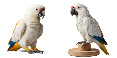 White Parrot flying set isolated with whit and transparent background