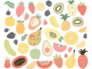 Set of various fruits simple illustration. AI generated