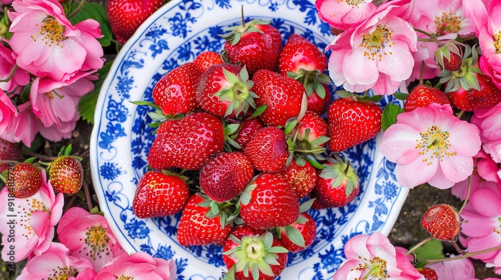 Sticker   A plate of strawberries, blue and white, on a bed of pink peonies and flowers