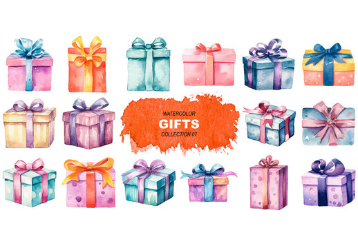 Vector watercolor painted style - gift boxes clipart isolated on white background. Created using Generative AI.