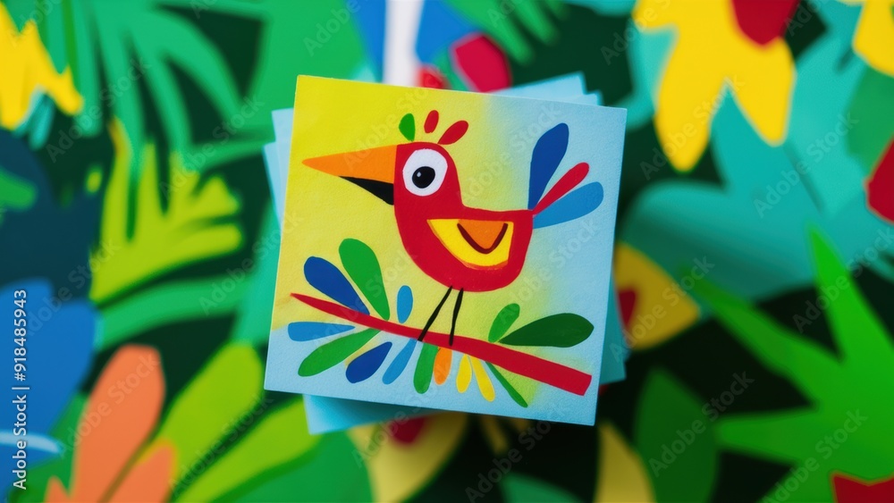 Canvas Prints A colorful card with a bird on it sitting in front of green leaves, AI