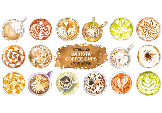 Vector watercolor painted barista coffee cups clipart. Hand drawn hot beverage design elements isolated on white background.