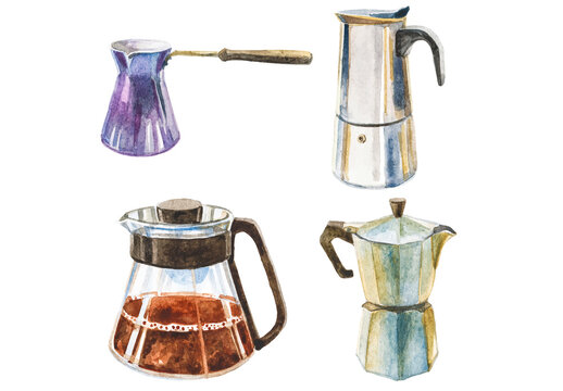 Vector watercolor painted coffee utensils clipart. Hand drawn design elements isolated on white background.
