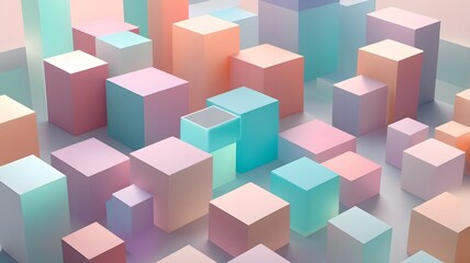 Fototapeta premium A 3D render of overlapping translucent geometric shapes like circles and squares in soft pastel colors, with a subtle gradient background minimalistic with smooth edges