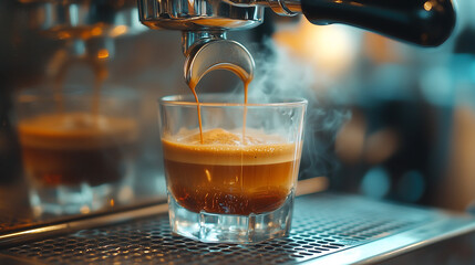 A detailed shot of a coffee machine making espresso, glass cup filling with delicious coffee, soft focus background