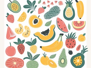 Set of various fruits simple illustration. AI generated
