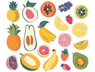 Set of various fruits simple illustration. AI generated