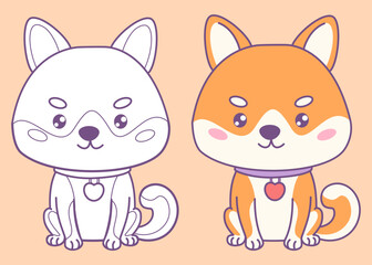 Cute dog Shiba Inu. Funny cartoon kawaii character pet. Isolated Color and outline drawing. Vector illustration