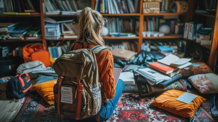 Naklejka premium Students organizing their backpacks with study materials