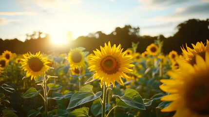 Fototapeta premium Video of the spring lawn with blooming sunflowers on sunset.