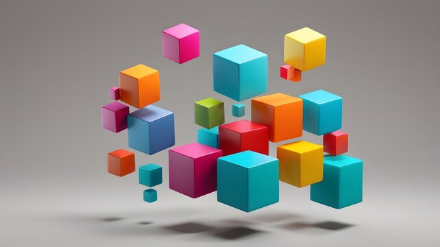 A 3D render of simple, floating cubes in different sizes and colors a balanced composition on a neutral background the cubes smooth surfaces with soft shadows, a clean and modern look