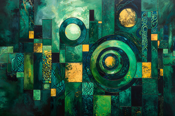 Green Celtic abstract art design, green and gold circles, background for music album, jazz, geometric