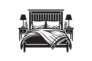 a black and white illustration of a bed with a lamp.