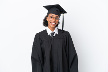 Young university graduate African American woman isolated on white background with glasses and happy