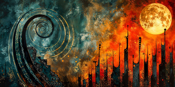 Jazz abstract background design, swirls with dark buildings cityscape, night, music album cover art, wide banner - Powered by Adobe