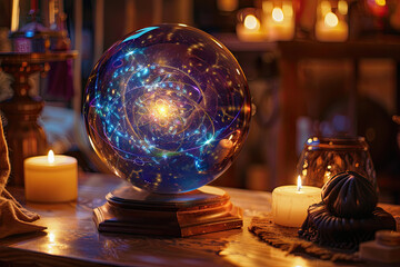 Crystal ball for future prediction with candles and globe on a mystical table