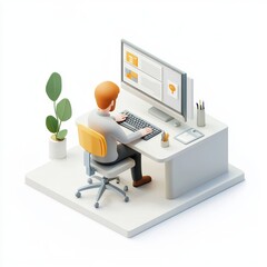 3D rendering of a person working on a computer at a modern desk with a clean design and indoor plants
