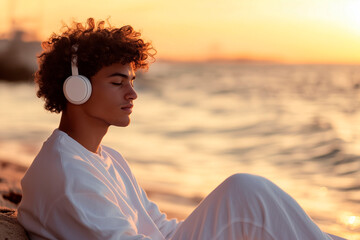 A serene young man with curly hair and headphones, sitting by the beach at sunset, with his eyes closed and meditating in peace.