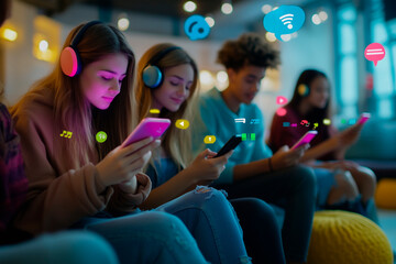 Group of teenagers with headphones and smartphones in a technology-themed environment.