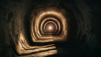 A dimly lit tunnel with the distant glow of sunlight at the end