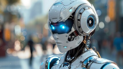 Fototapeta premium White futuristic robot with glowing blue eyes in a cityscape