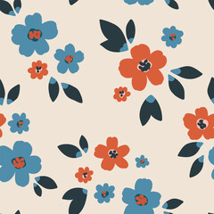 Seamless floral pattern, liberty ditsy print, abstract ornament in retro motif. Cute botanical design: hand drawn plants, small daisy flowers, tiny leaves, simple folk bouquet. Vector illustration.