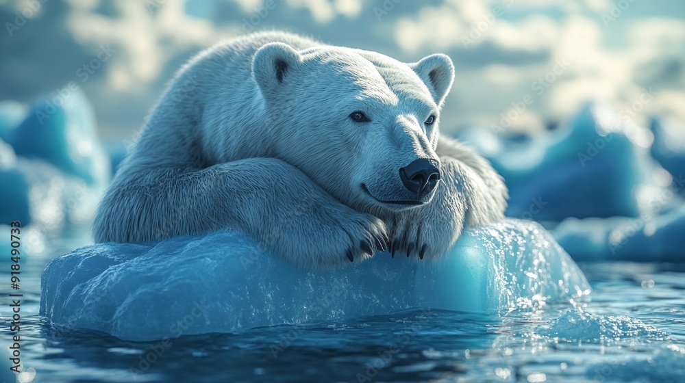 Poster a polar bear is laying on a block of ice in the ocean
