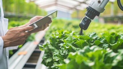 Photo of an agricultural greenhouse with a sophisticated robotic arm watering lettuce
