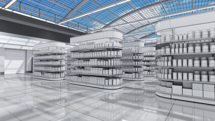 Sales area mockup with shelving, display of goods mockup and a vaulted transparent roof overlooking the blue sky with clouds. 3d illustration