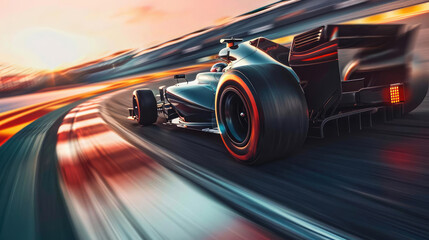 A lowangle shot of a racing car with a motionblurred track, capturing the intensity and speed