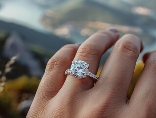 A diamond ring showcased on a womans hand, with a blurred background of a scenic landscape
