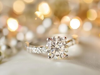 Fototapeta premium A diamond ring with a blurred background of wedding decorations, hinting at an engagement or wedding