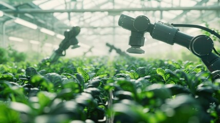 industrial robot arm working in greenhouse growing vegetables