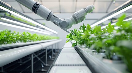Photo of a robot arm caring for plants in an indoor farm