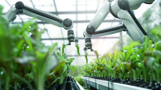 industrial robot arm working in greenhouse growing vegetables - Powered by Adobe