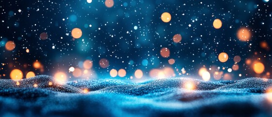 Magical winter background with falling snow, twinkling lights and starry sky