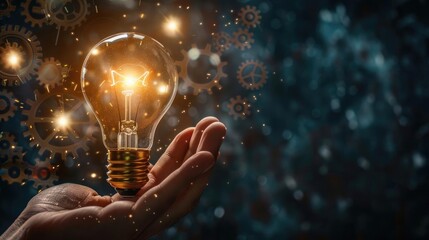 Glowing light bulb in a hand with gears and mechanical elements, symbolizing engineering and invention