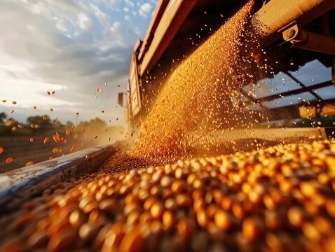 Dynamic image of soybeans pouring into a moving tractor trailer, capturing the essence of efficiency