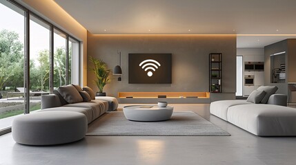 Modern living room with wifi symbol. Generative by AI