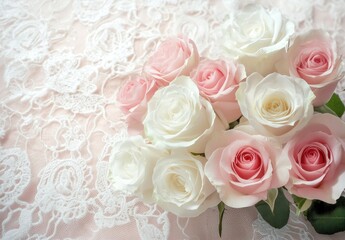 Obraz premium bouquet of white and pink roses, arranged in an elegant pattern on a Valentine's Day background
